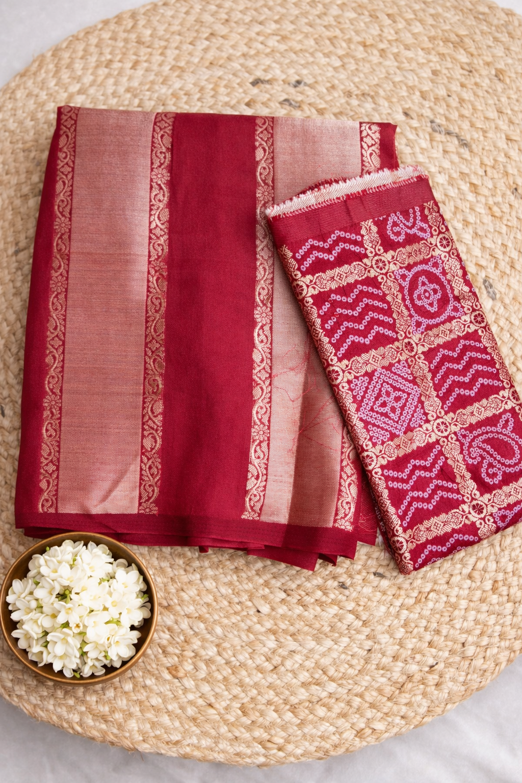 Deep Maroon Viscose Silk Bandhini Design Saree with Zari Woven Pallu