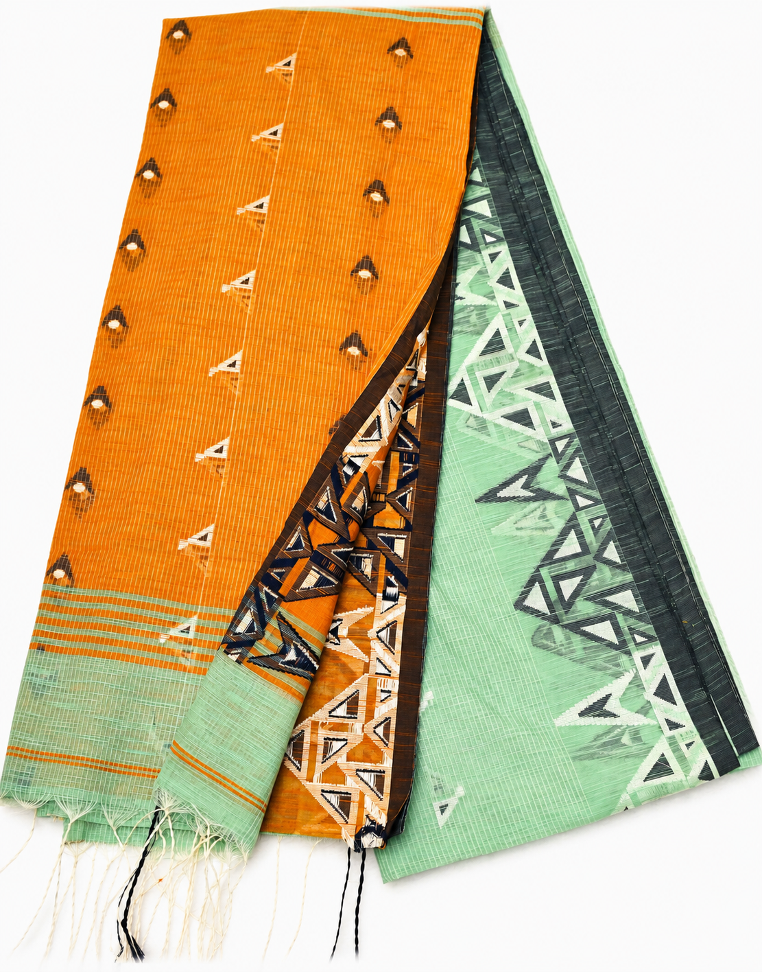Pallavi Mint Green & Rust Orange Handloom Cotton Saree with Contrast Pallu and Tribal Woven Border