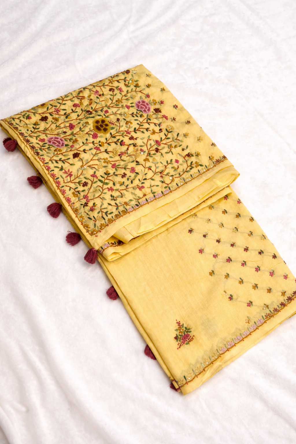 Lemon Yellow Tussar Silk Hand Embroidery Saree