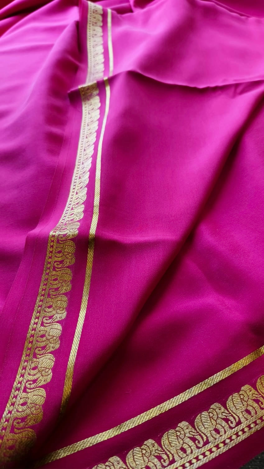 Pure 120 GSM Crepe Silk Saree | Rani Pink with Gold Elephant Zari Border | Chit Pallu | Running Blouse