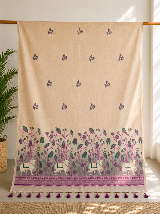 Purple Cow Border Muga Cotton Saree