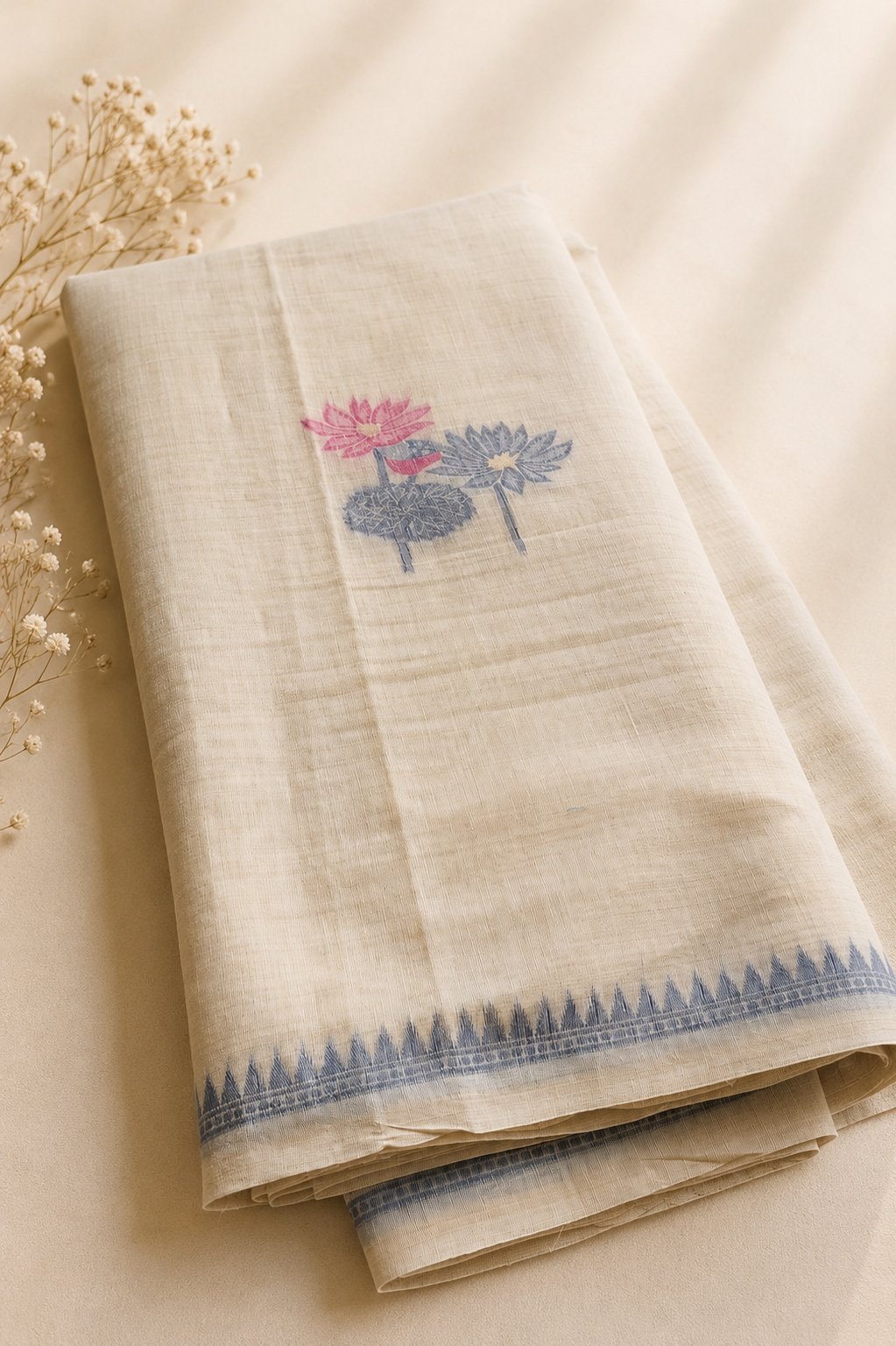 Grey Lotus Garden Muga Cotton Saree