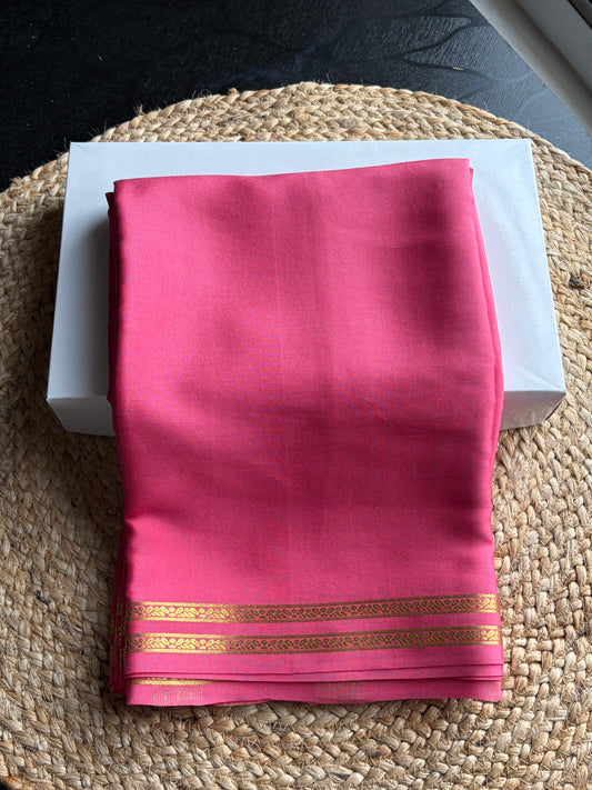 Pure 120 GSM Crepe Silk Saree | Coral Pink | Golden Zari Temple Border | Chit Pallu | Running Blouse | Silk Mark Certified