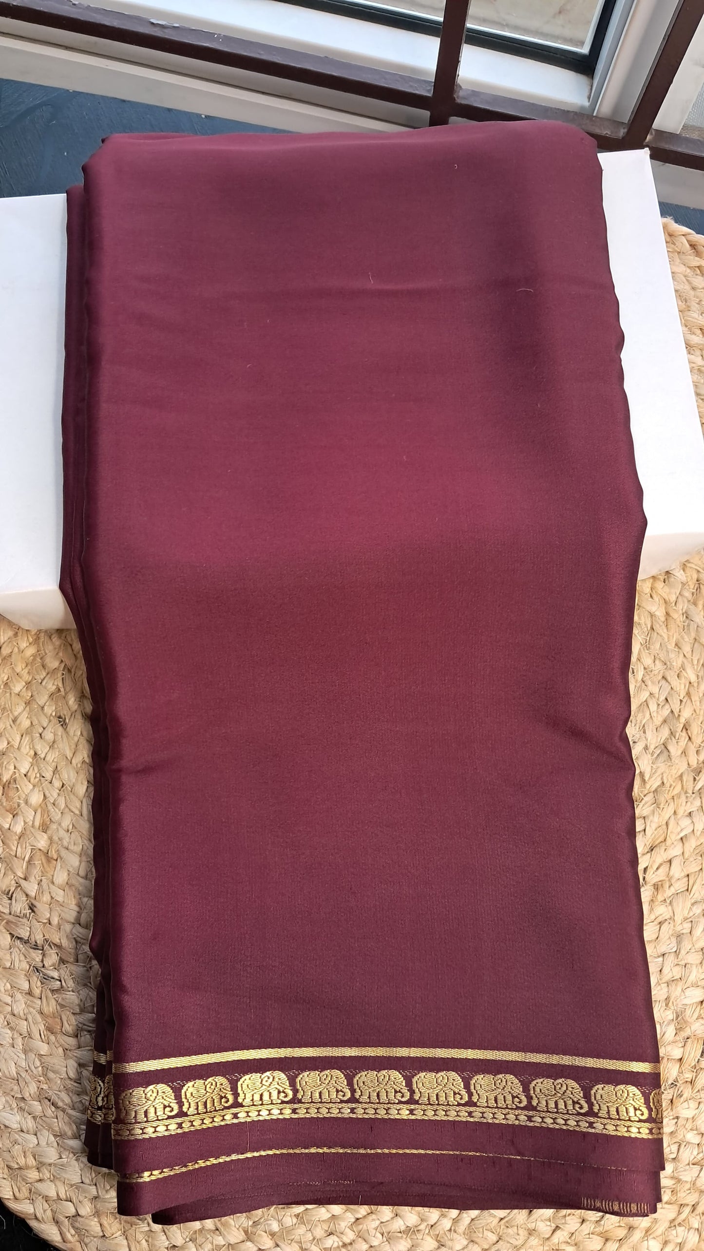 Pure 120 GSM Crepe Silk Saree | Rich Coffee Brown with Gold Elephant Zari Border | Chit Pallu | Running Blouse