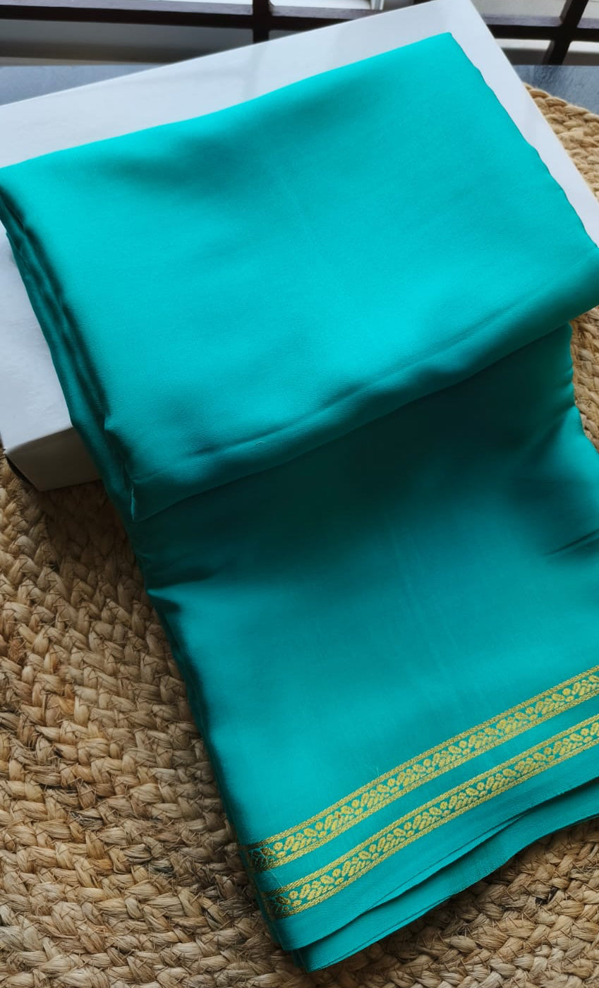 Pure 120 GSM Crepe Silk Saree | Rama Green | Golden Zari Temple Border | Chit Pallu | Running Blouse | Silk Mark Certified