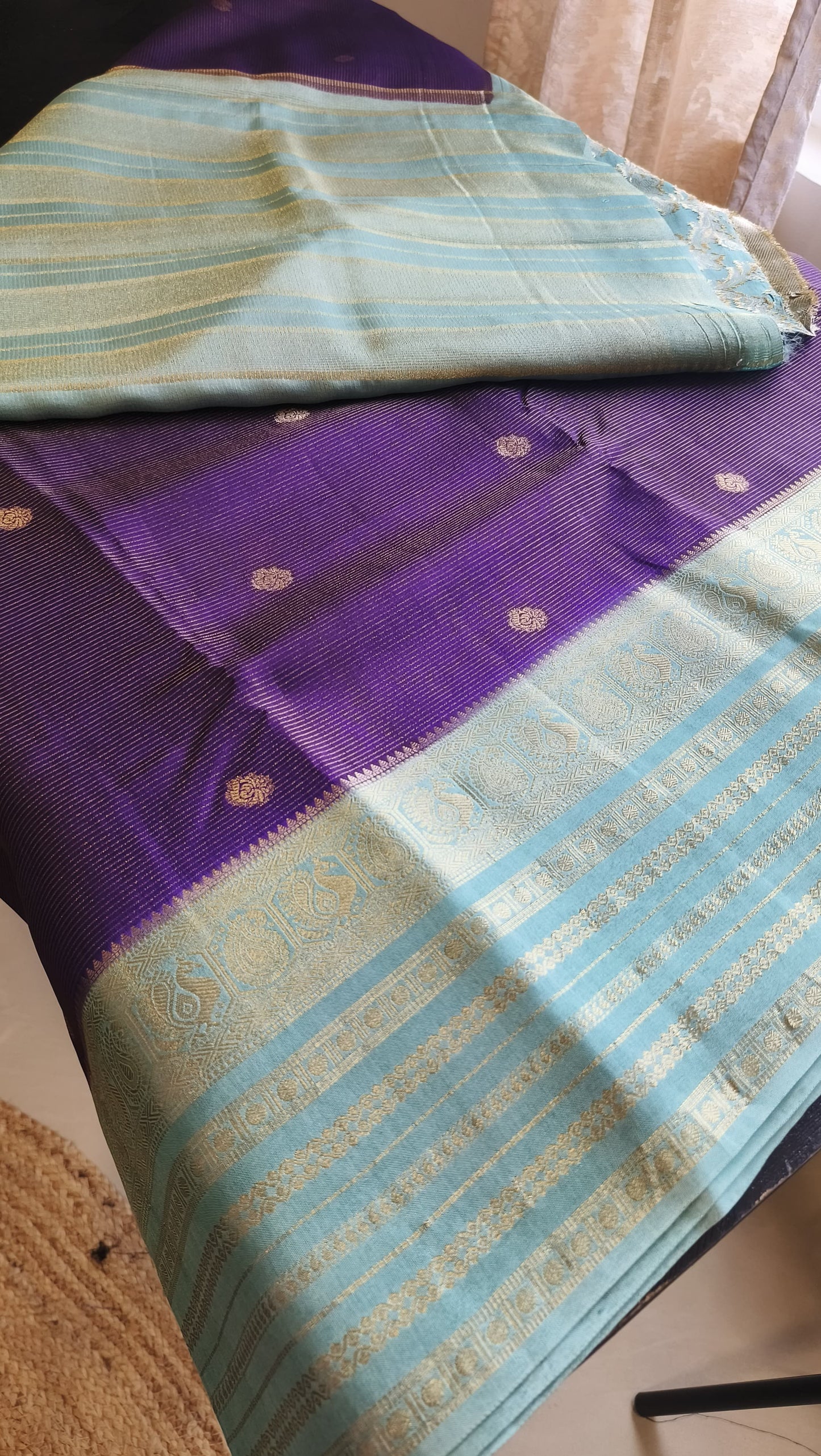 Rangamahal Royal Purple - Aqua Blue Heritage Peacock Border Assam Silk Saree
