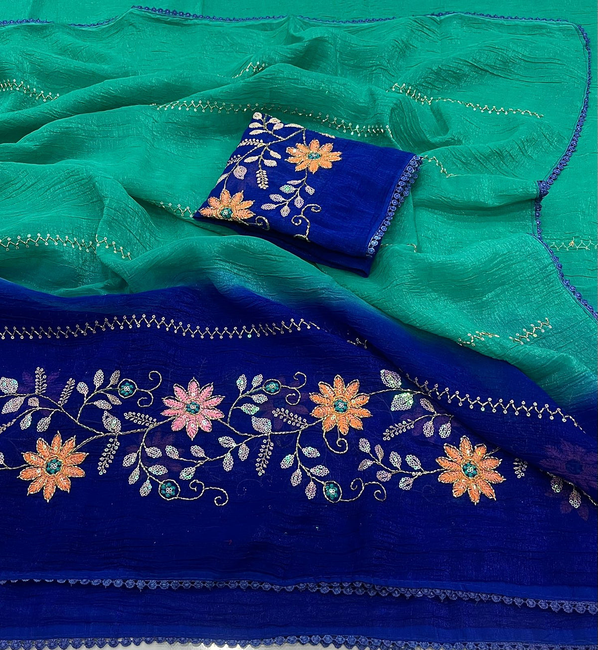 RANGREZ – Teal & Royal Blue Floral Embroidered Saree