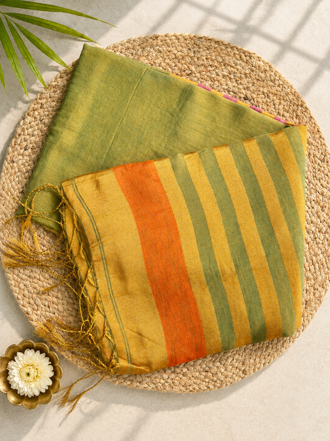 Olive Glow Green Linen Tissue Silk Saree