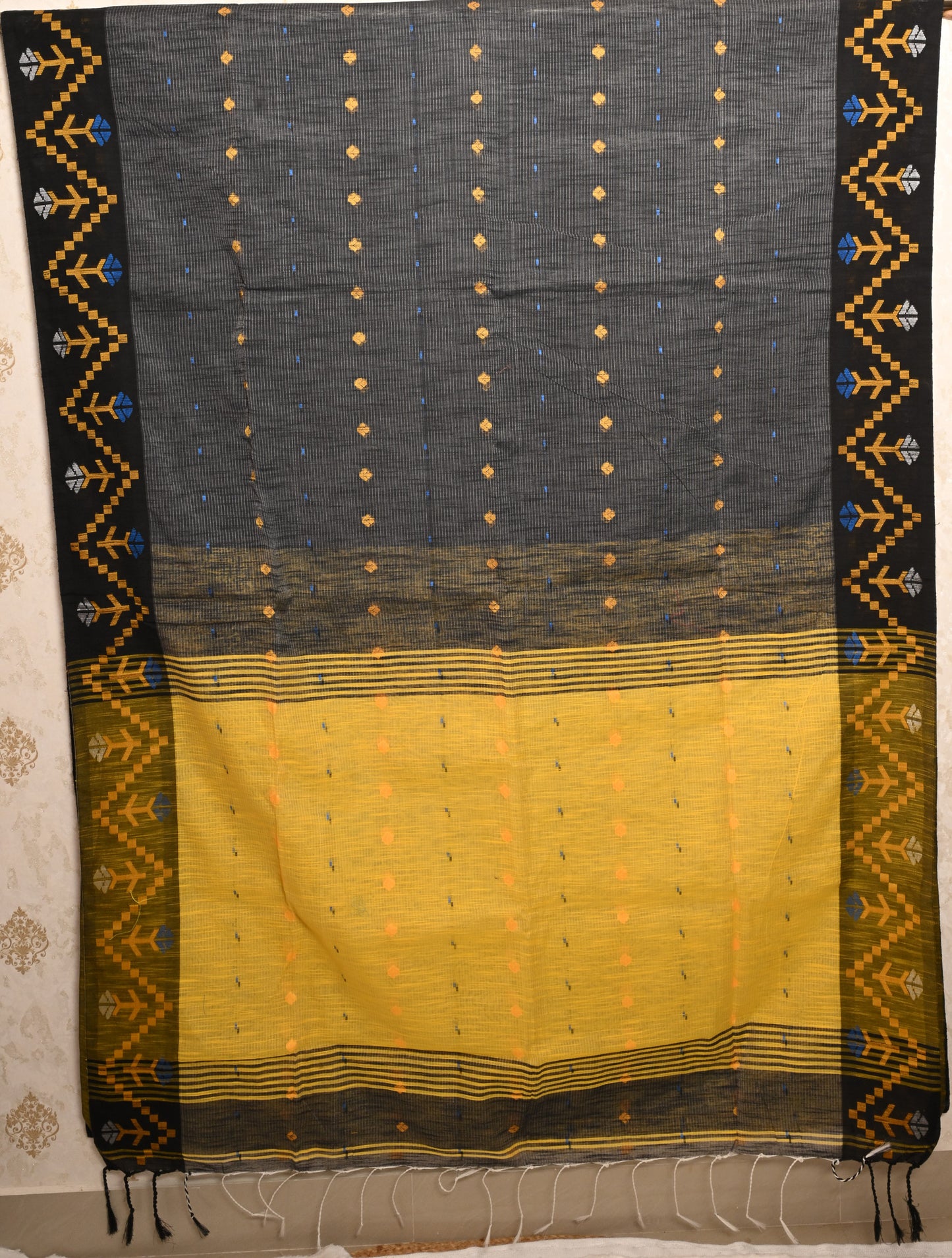 Pallavi Black & Mustard Yellow Handloom Cotton Saree with Contrast Pallu and Tribal Woven Border