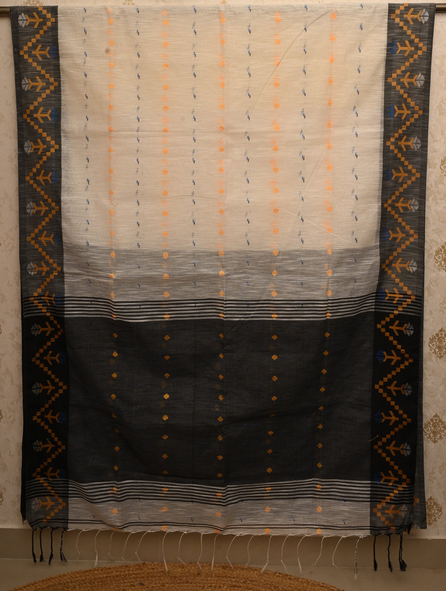 Pallavi Ivory & Charcoal Grey Handloom Cotton Saree with Contrast Pallu and Tribal Woven Border