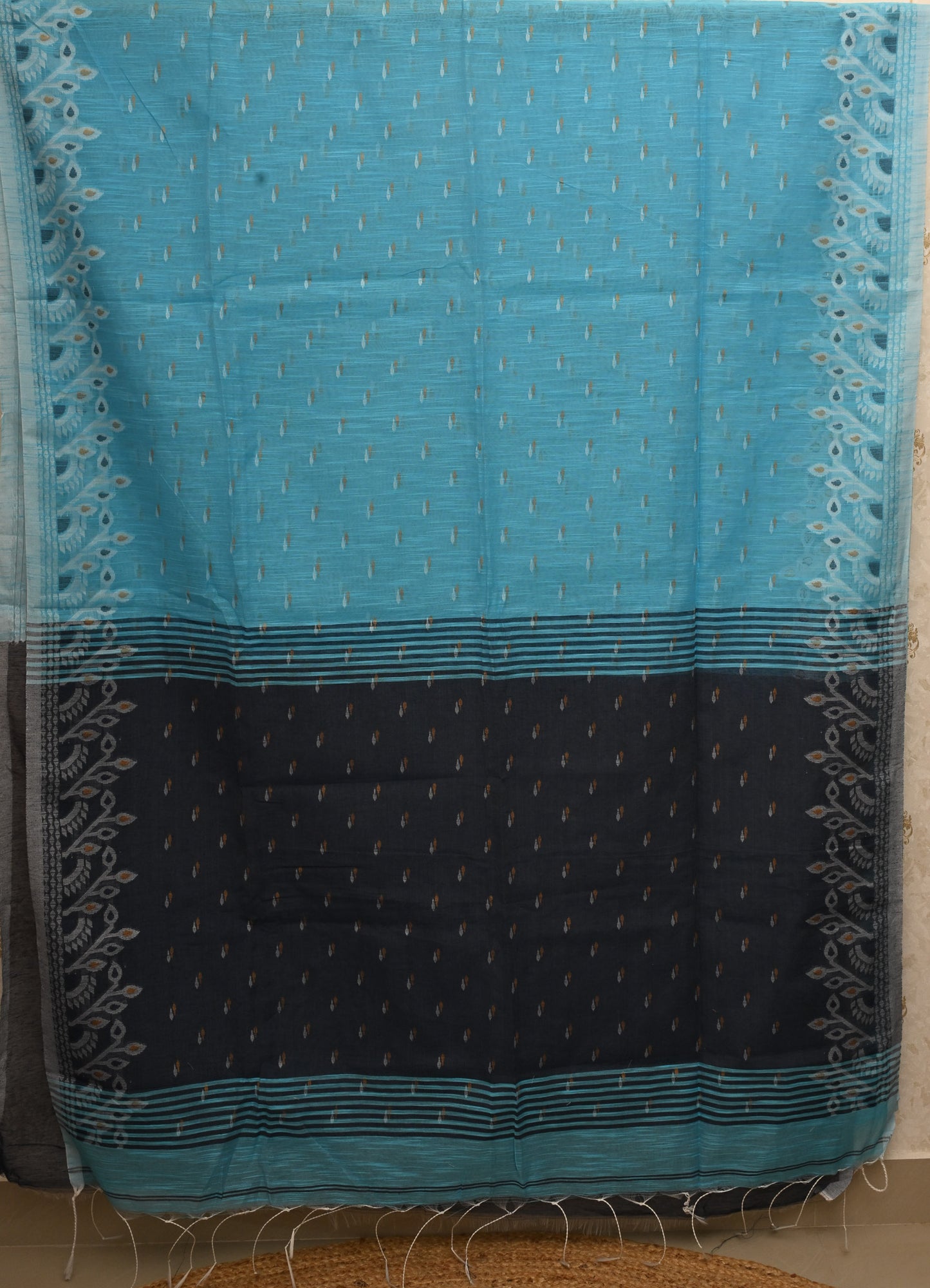 Pallavi Sky Blue & Navy Blue Handloom Cotton Saree with Contrast Pallu and Tribal Woven Border