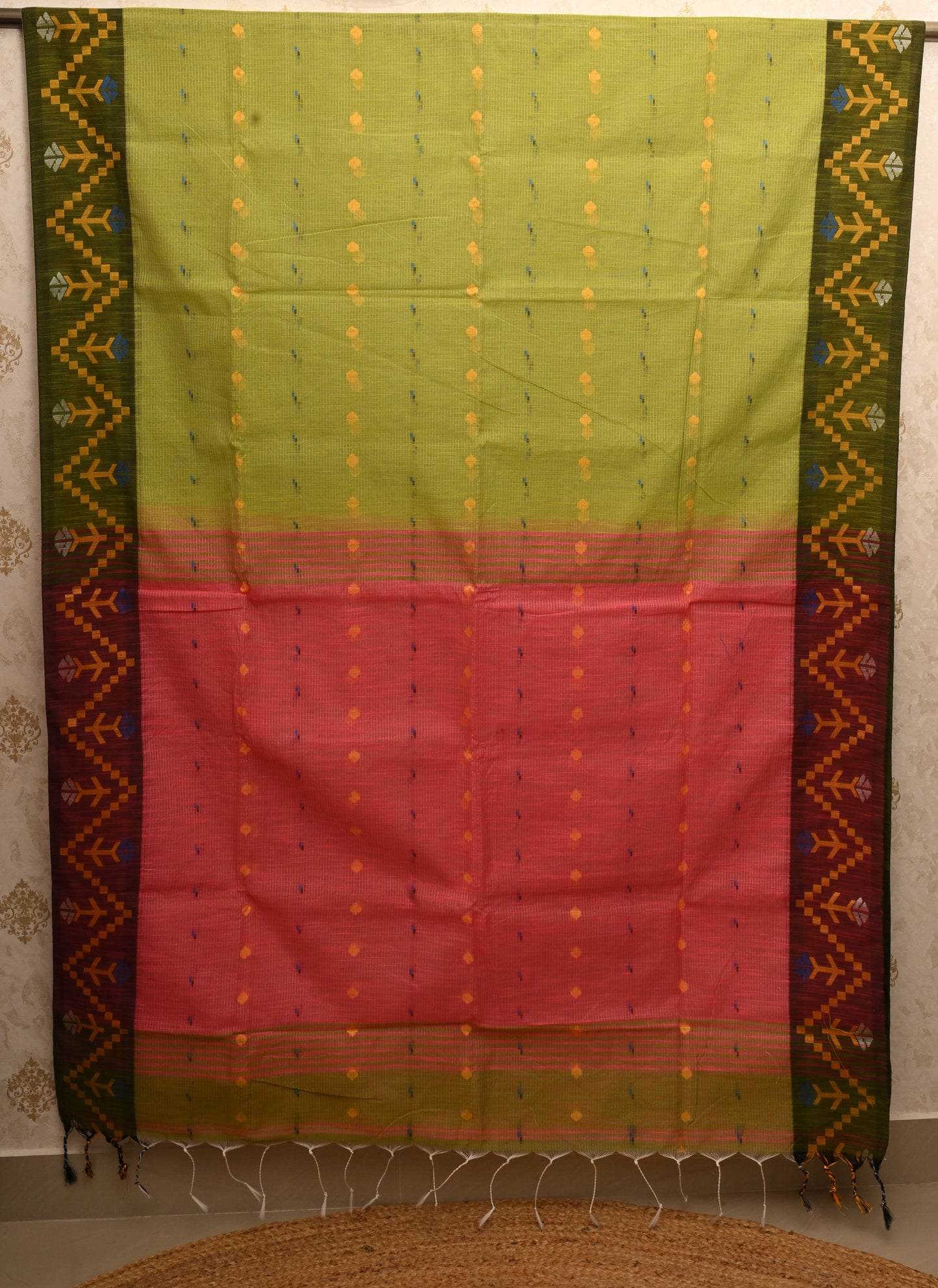 Pallavi Olive Green & Coral Pink Handloom Cotton Saree with Contrast Pallu and Tribal Woven Border