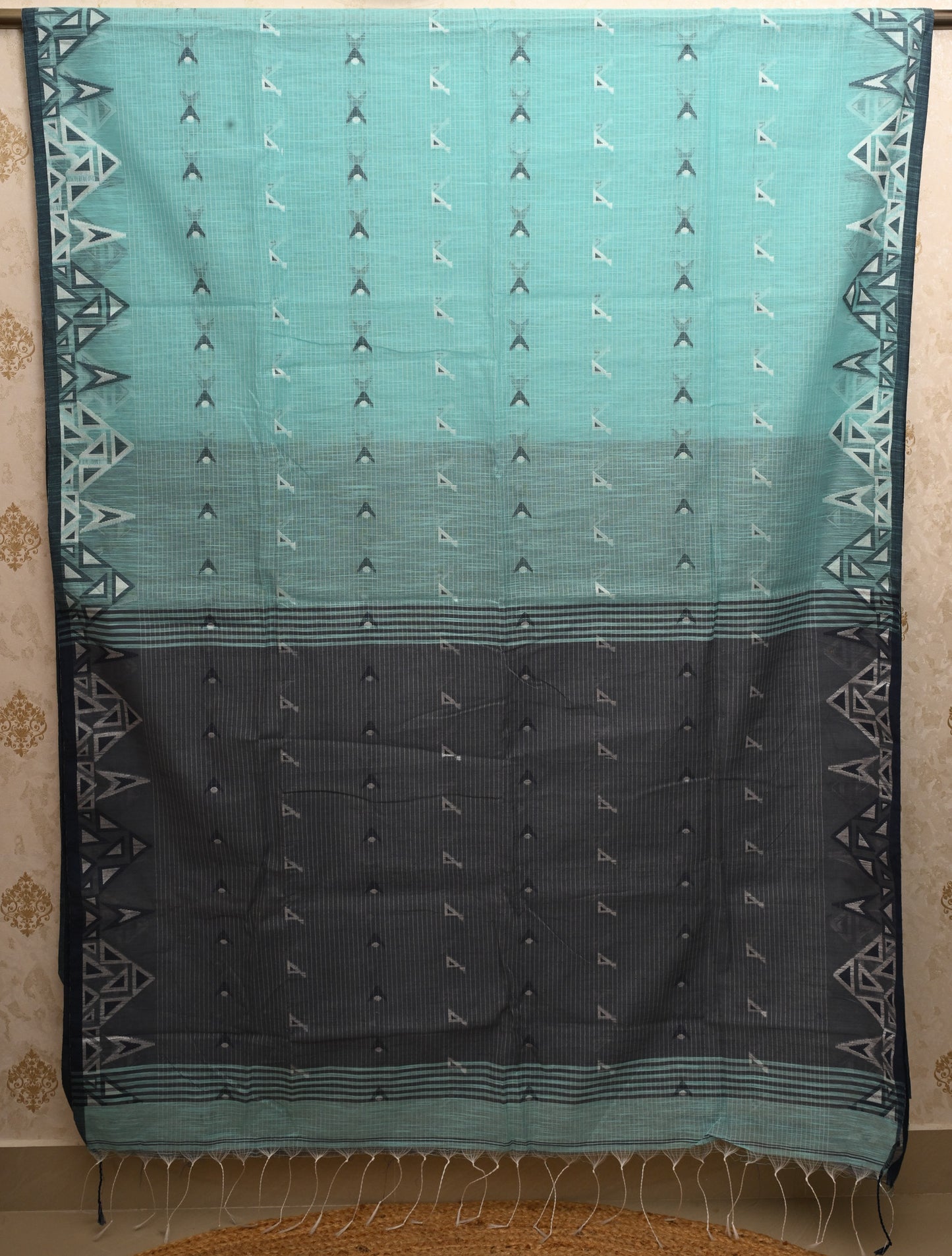 Pallavi Aqua Blue & Slate Grey Handloom Cotton Saree with Contrast Pallu and Tribal Woven Border