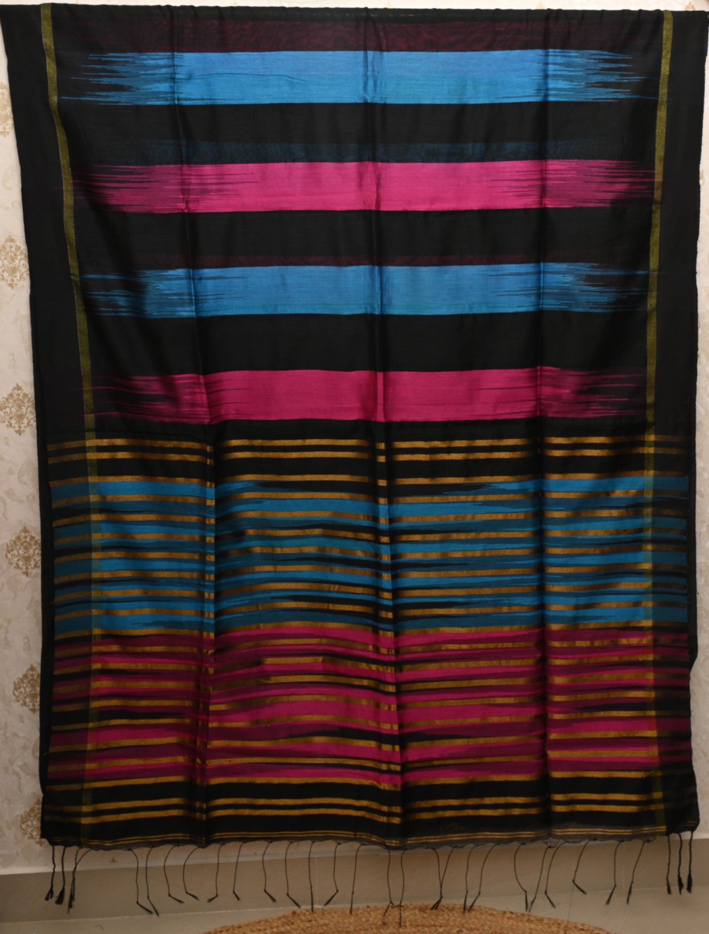 Chitrarekha Black - Turquoise - Pink Cotton Silk Saree with Zari Stripes