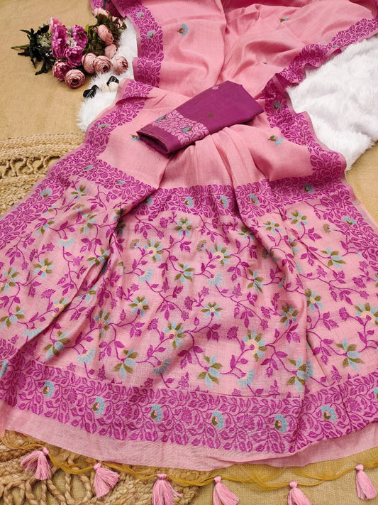 Blush Pink Chanderi Cotton Jamdani Saree with contrast Blouse