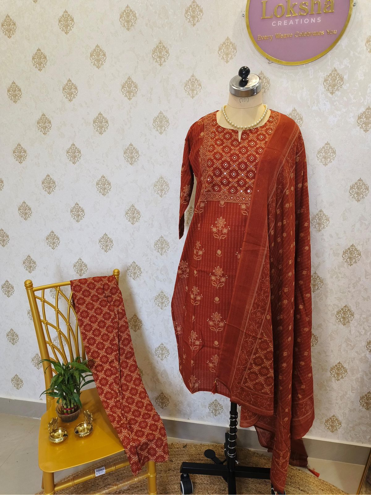 Rust Orange Printed Kurta Set with Dupatta