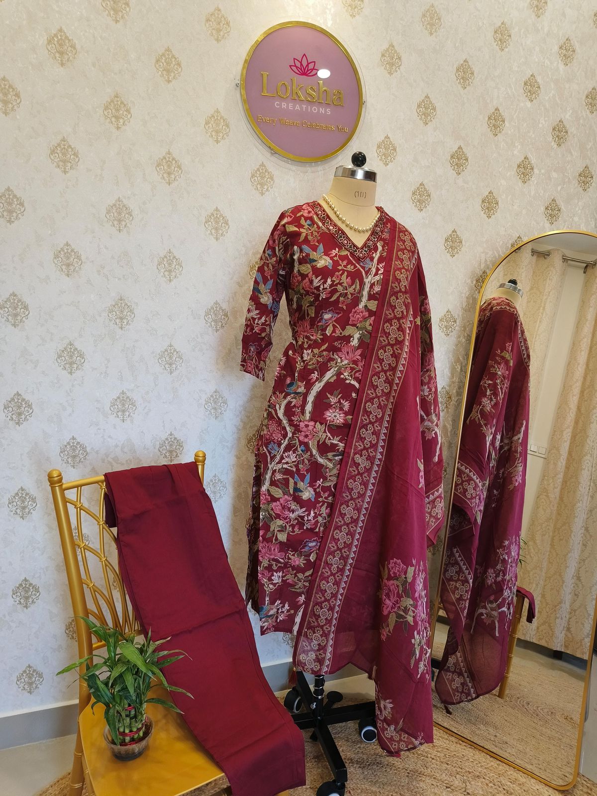 Deep Maroon Floral Printed Kurta Set with Dupatta