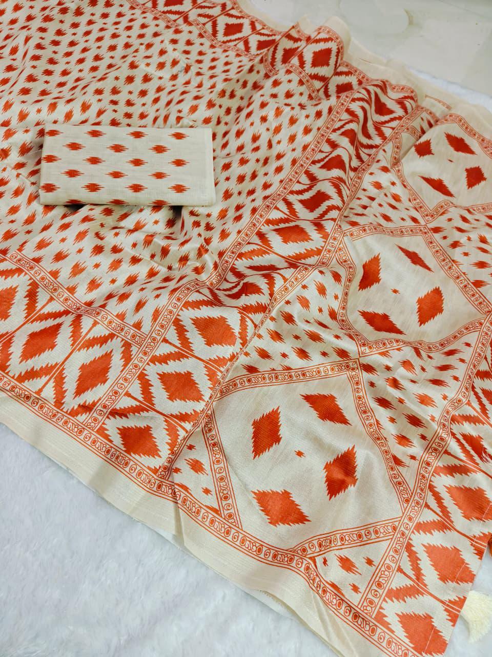 Kesari Ikkat Mulberry Silk Saree with Geometric Border