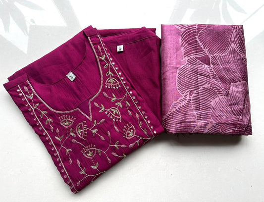 Berry Purple Embroidered Silk Kurta Set with Floral Tussar Dupatta