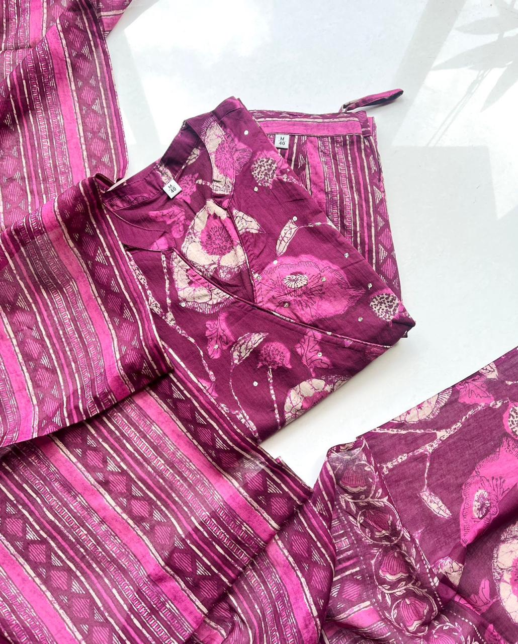 Plum Berry Floral Printed Kurta Set with Dupatta