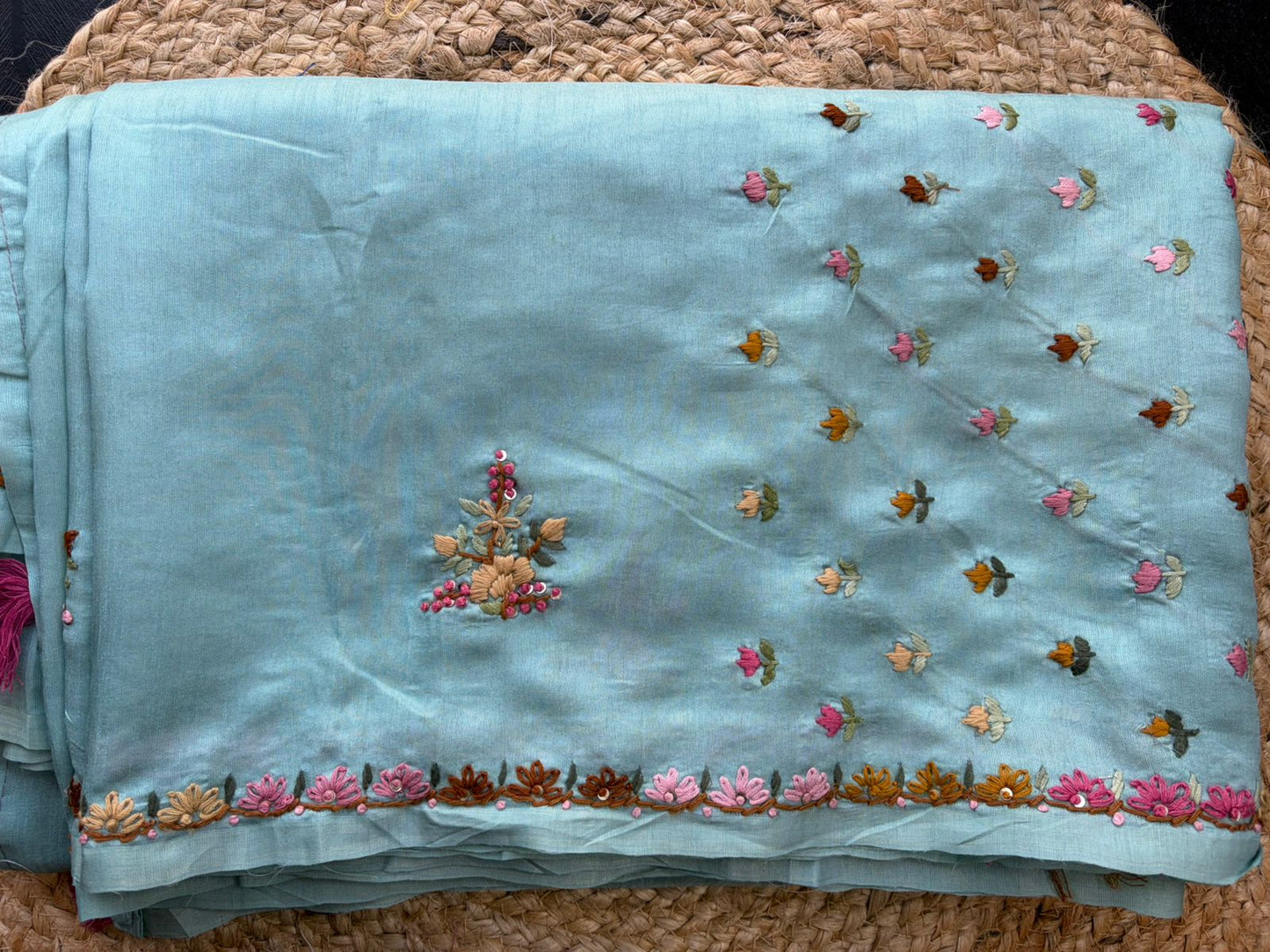 Aqua Blue Tussar Silk Saree with Hand Embroidery