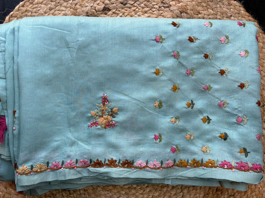 Aqua Blue Tussar Silk Saree with Hand Embroidery