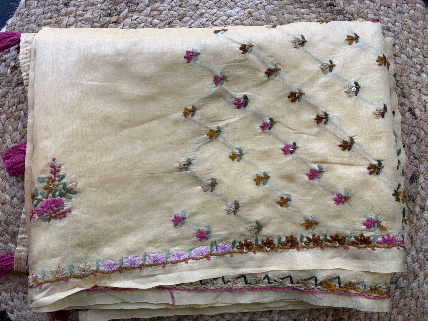 Ivory Cream Tussar Silk Saree with Hand Embroidery