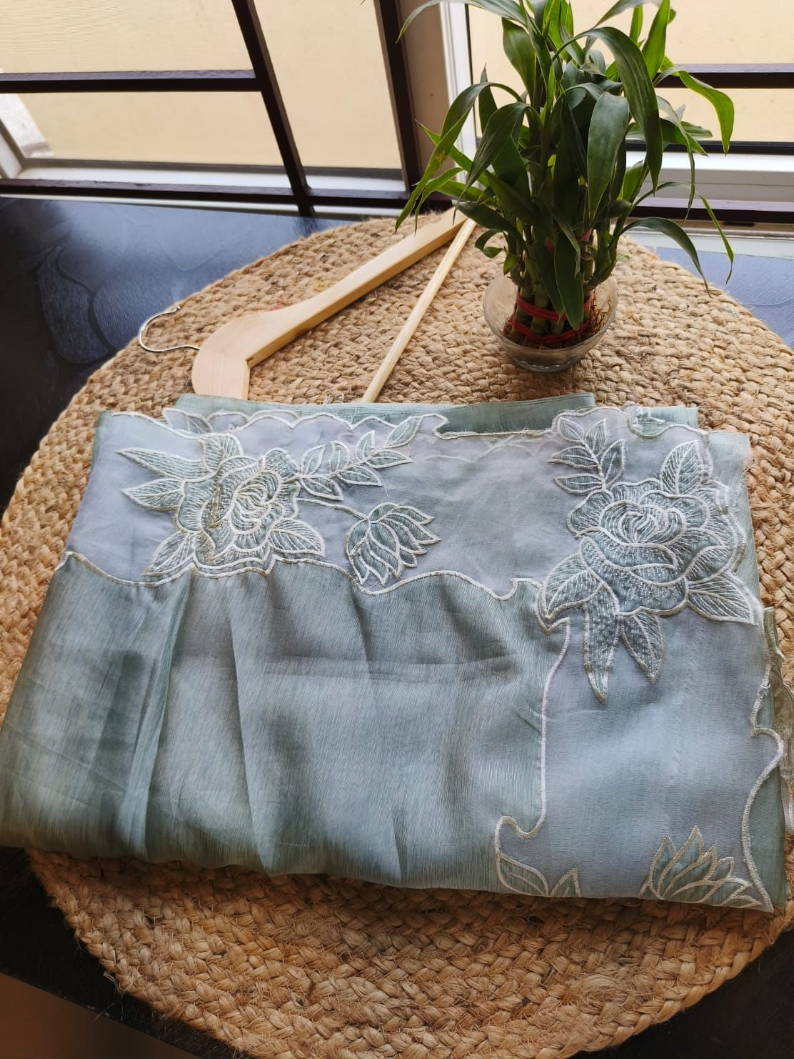 Misty Sage Blue Tussar Silk Saree with White Floral Applique Work