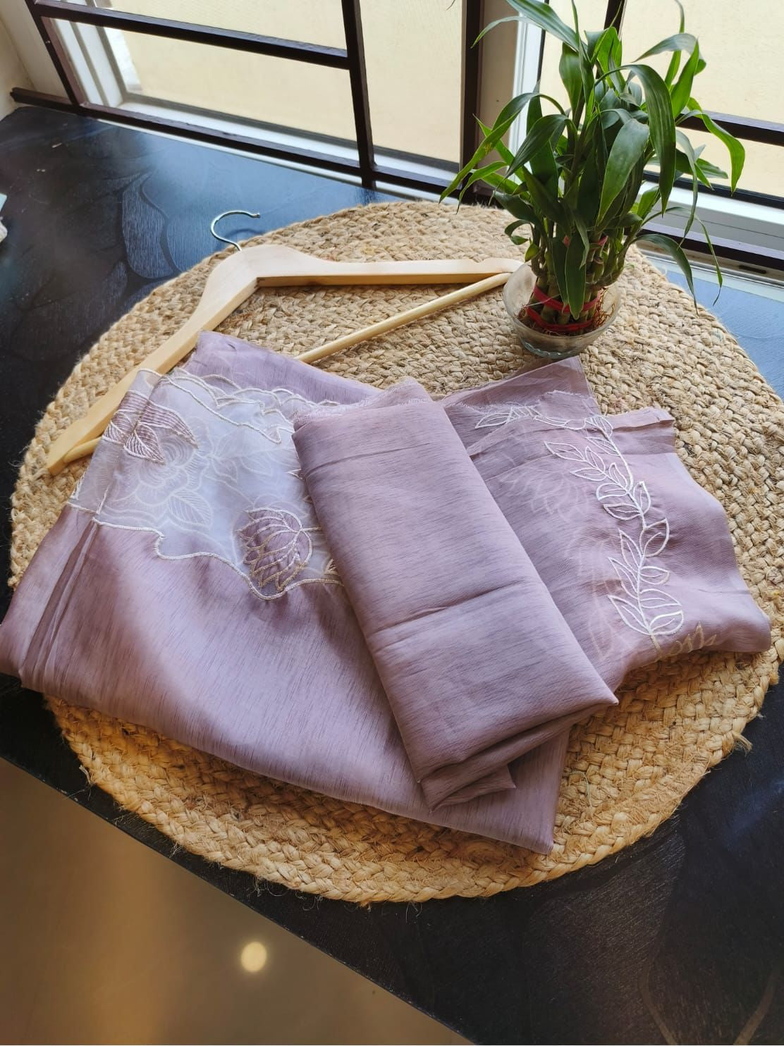 Mauve Tussar Silk Saree with Elegant White Applique Floral Work