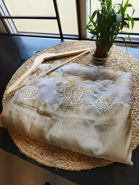 Champagne Gold Tussar Silk Saree with White Floral Applique Work