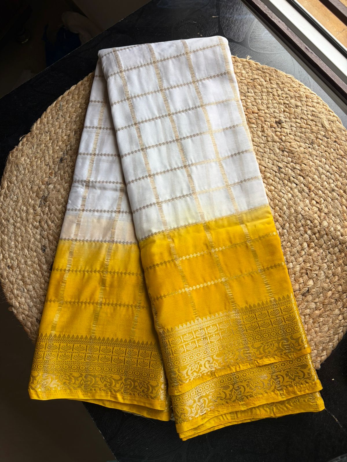 Maya Chex Ivory Semi Crepe Saree with Golden Mustard Zari Weave
