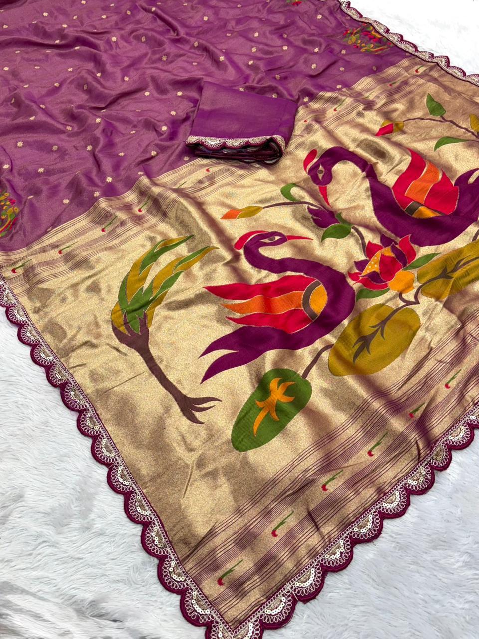 Wine Purple Tissue Saree with Lace Border