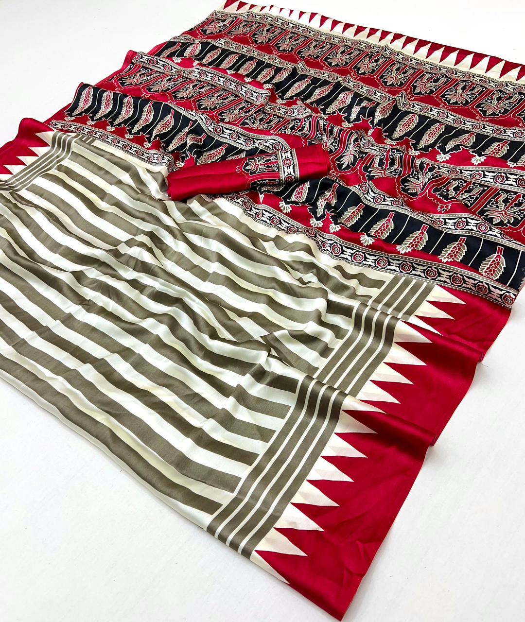 Classic Red Modal Satin Ajrakh Print Saree