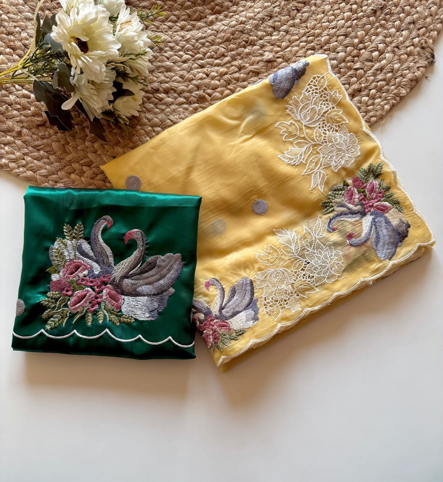 Pastel Yellow Swan Embroidered Crystal Tissue Saree