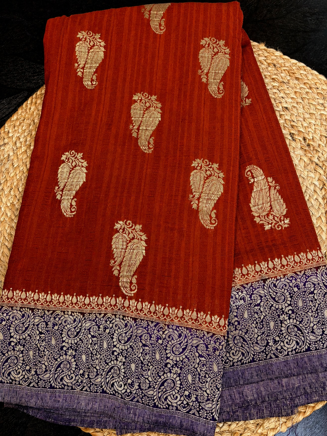 KASHIKA – Rust Orange - Royal Blue Premium Georgette Banaras Saree