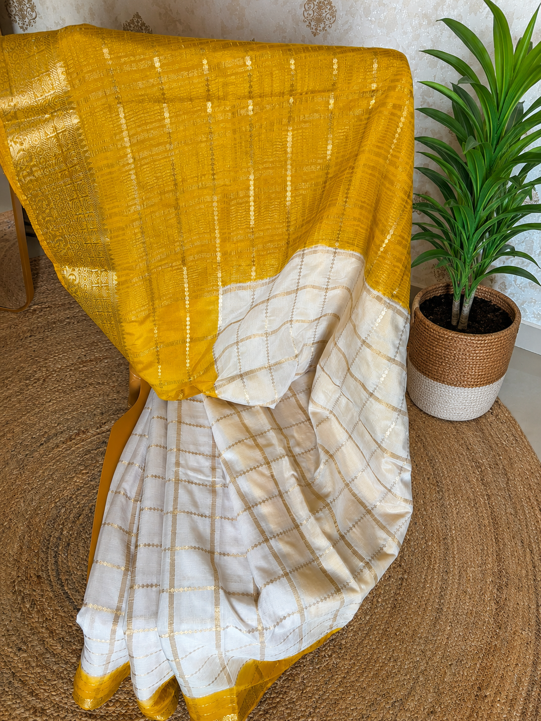Maya Chex Ivory Semi Crepe Saree with Golden Mustard Zari Weave