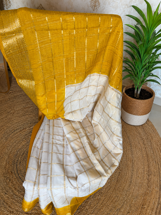 Maya Chex Ivory Semi Crepe Saree with Golden Mustard Zari Weave