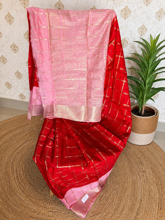 Maya Chex Radiant Red Semi Crepe Saree with Soft Pink Zari Pallu
