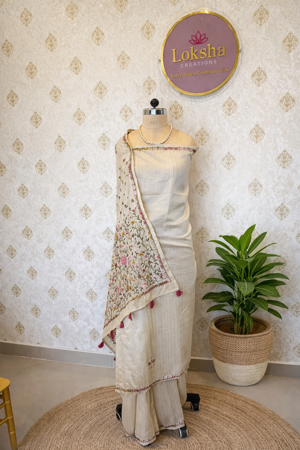 Ivory Cream Tussar Silk Saree with Hand Embroidery