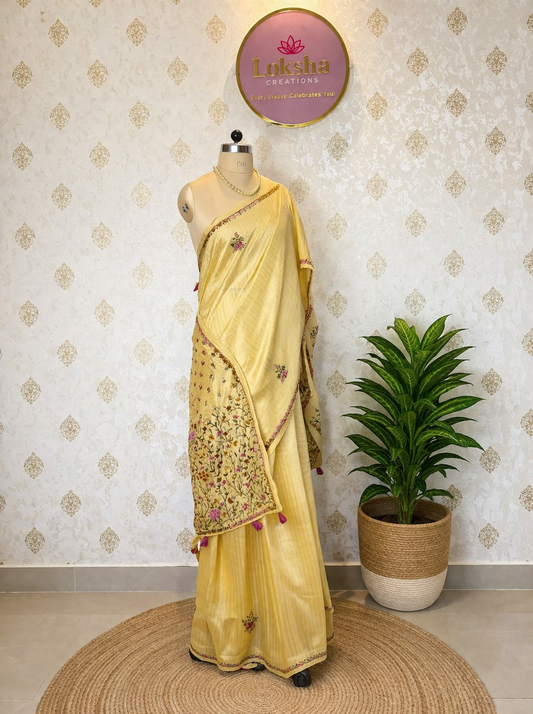 Lemon Yellow Tussar Silk Hand Embroidery Saree
