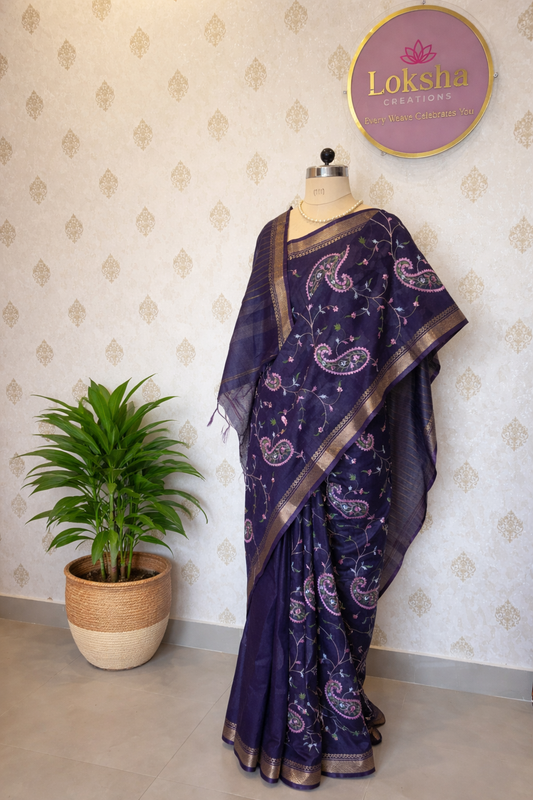 Deep Indigo Linen Saree with Paisley Machine Embroidery & Zari Border