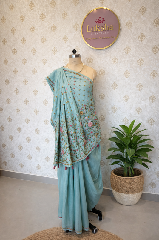 Aqua Blue Tussar Silk Saree with Hand Embroidery