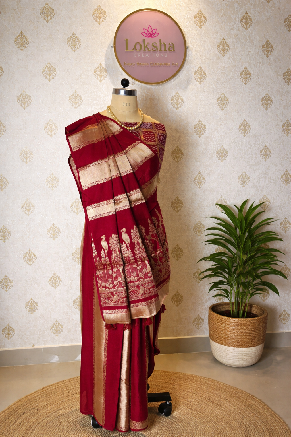 Deep Maroon Viscose Silk Bandhini Design Saree with Zari Woven Pallu