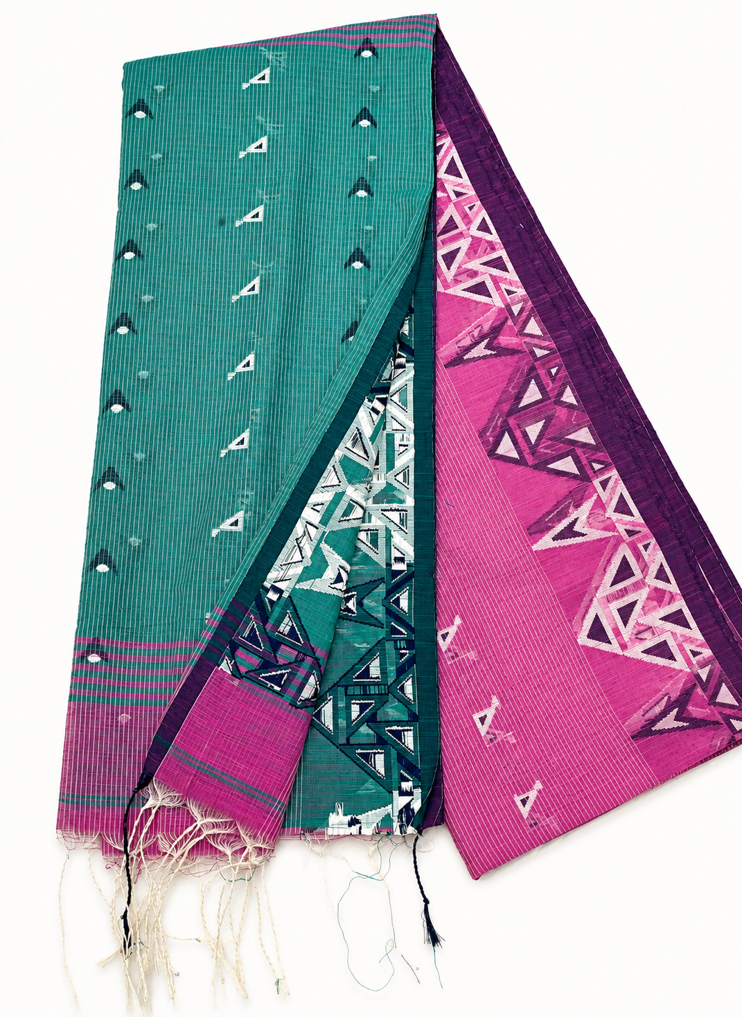 Pallavi Magenta Purple & Teal Green Handloom Cotton Saree with Contrast Pallu and Tribal Woven Border