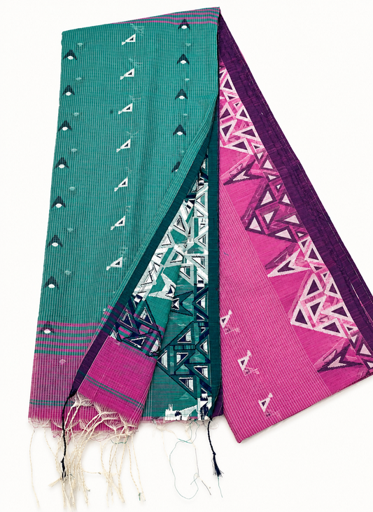Pallavi Magenta Purple & Teal Green Handloom Cotton Saree with Contrast Pallu and Tribal Woven Border