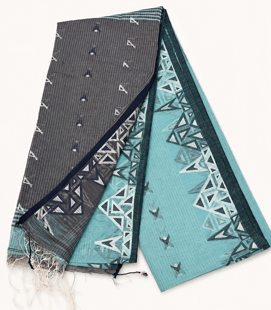 Pallavi Aqua Blue & Slate Grey Handloom Cotton Saree with Contrast Pallu and Tribal Woven Border