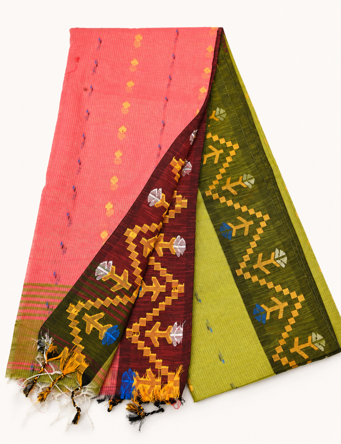 Pallavi Olive Green & Coral Pink Handloom Cotton Saree with Contrast Pallu and Tribal Woven Border