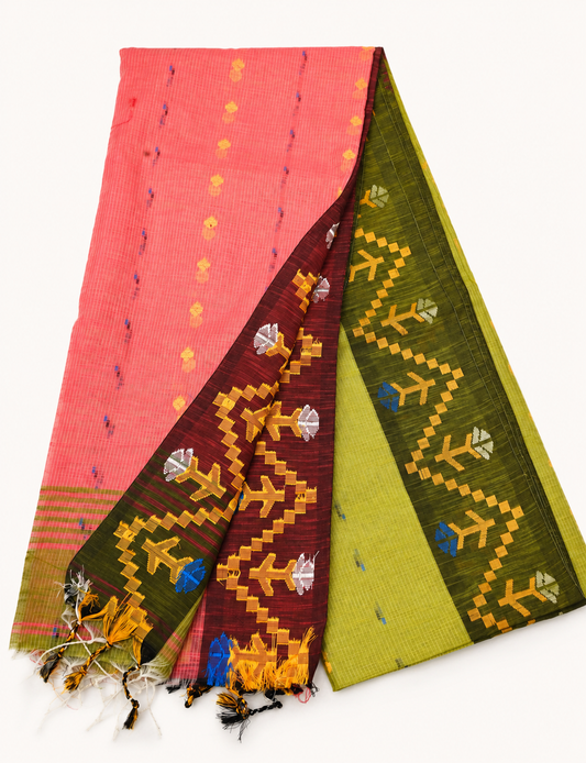 Pallavi Olive Green & Coral Pink Handloom Cotton Saree with Contrast Pallu and Tribal Woven Border