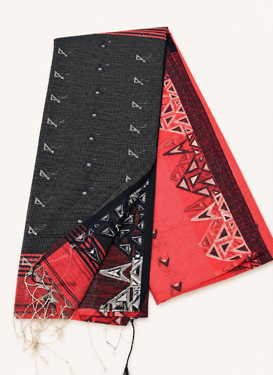Pallavi Coral Red & Charcoal Black Handloom Cotton Saree with Contrast Pallu and Tribal Woven Border