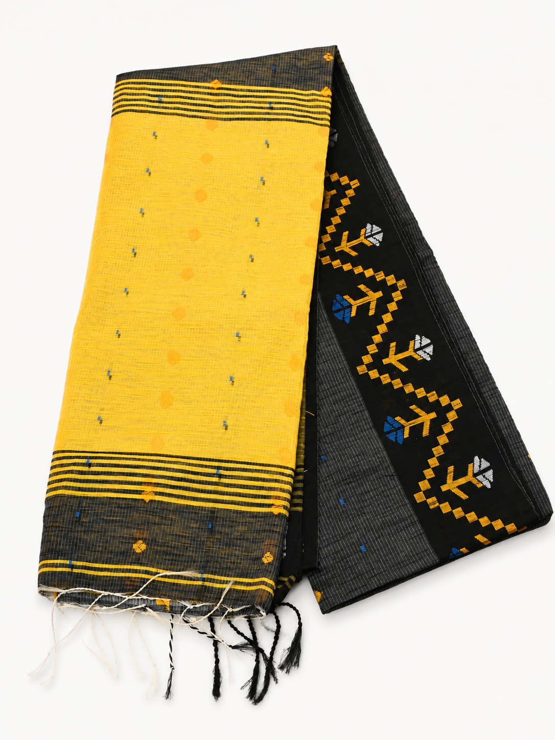 Pallavi Black & Mustard Yellow Handloom Cotton Saree with Contrast Pallu and Tribal Woven Border